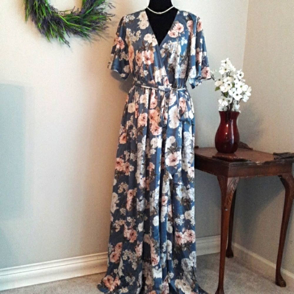 BALTIC BORN Steel Blue and Floral Long  Surplice Gown with Angel Sleeves